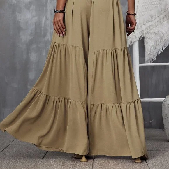 Khaki Boho Shirred Waist Tie Front Ruffle Hem Wide Leg Pants travel summer - Picture 3 of 5